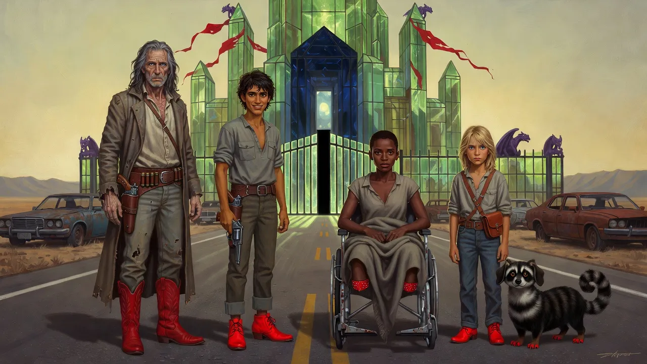 The ka-tet in red shoes stands on an empty interstate before a towering palace of green glass.