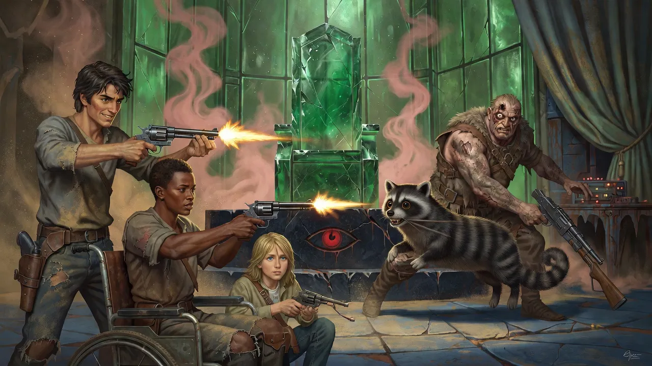 A billy-bumbler bites a ruined one-eyed man lunging for a machine gun as two people fire revolvers in a green glass hall.