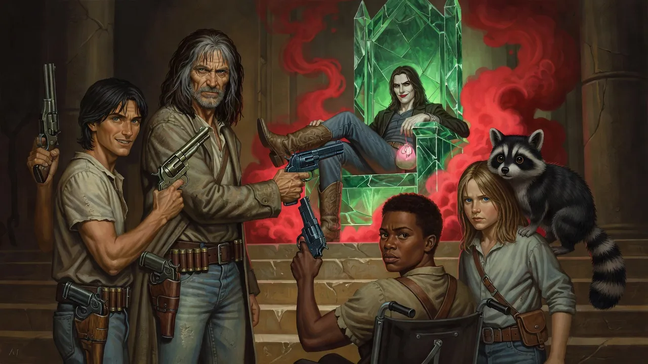 A grinning man in jeans and cowboy boots lounges on a green throne with a glowing pink bag as red smoke rises.