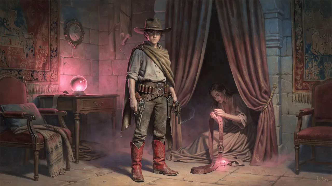 Through a pink haze, a boy stands with a lowered revolver as a woman slumps by a curtain holding a belt.