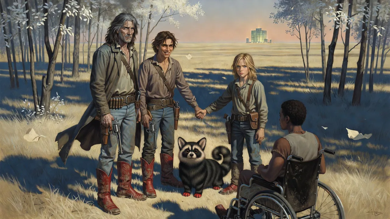 Five travelers join hands in a ring among white-leaved trees, all wearing scuffed red shoes, a green palace far behind.