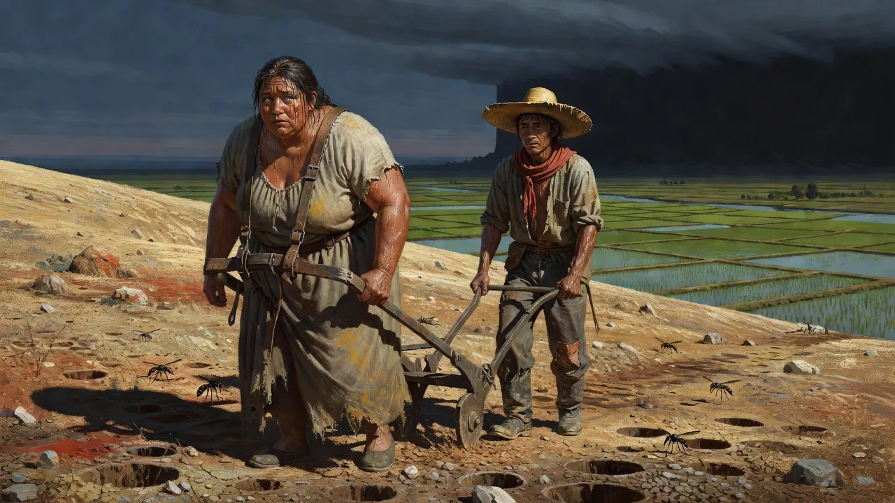 A farmer guides a plow pulled by a huge slow woman across a rocky field pocked with holes, under a hard noon sky.