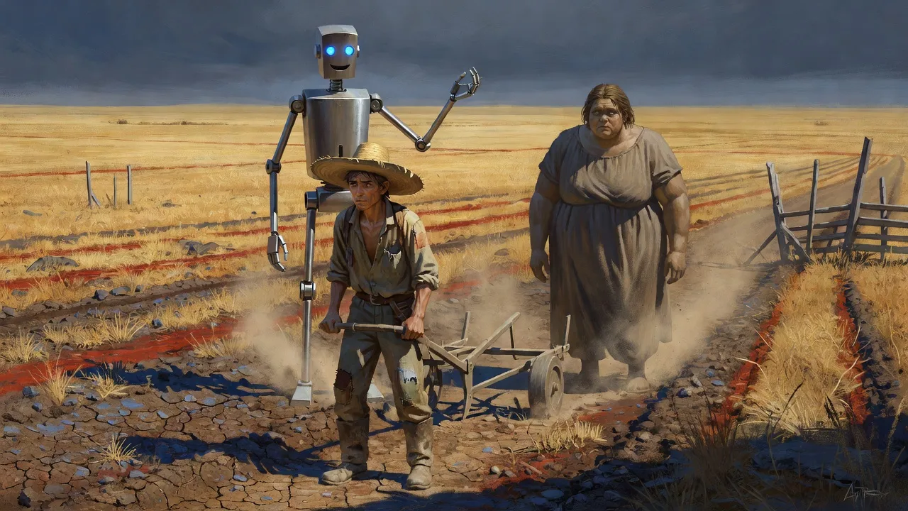A seven-foot stainless-steel robot with glowing blue eyes looms over a farmer at the edge of a plowed field.