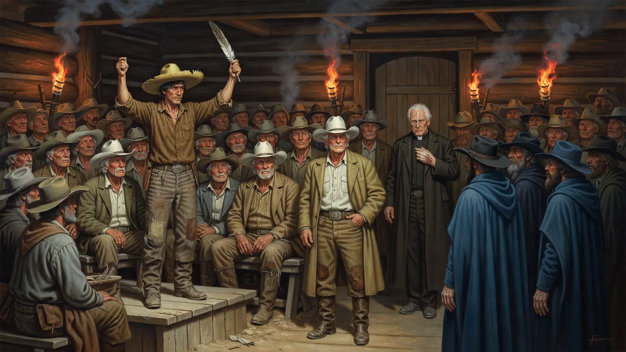 A torchlit timber hall packed with farmers; one man at the front holds up a feather while a white-haired priest in black rises at the back.