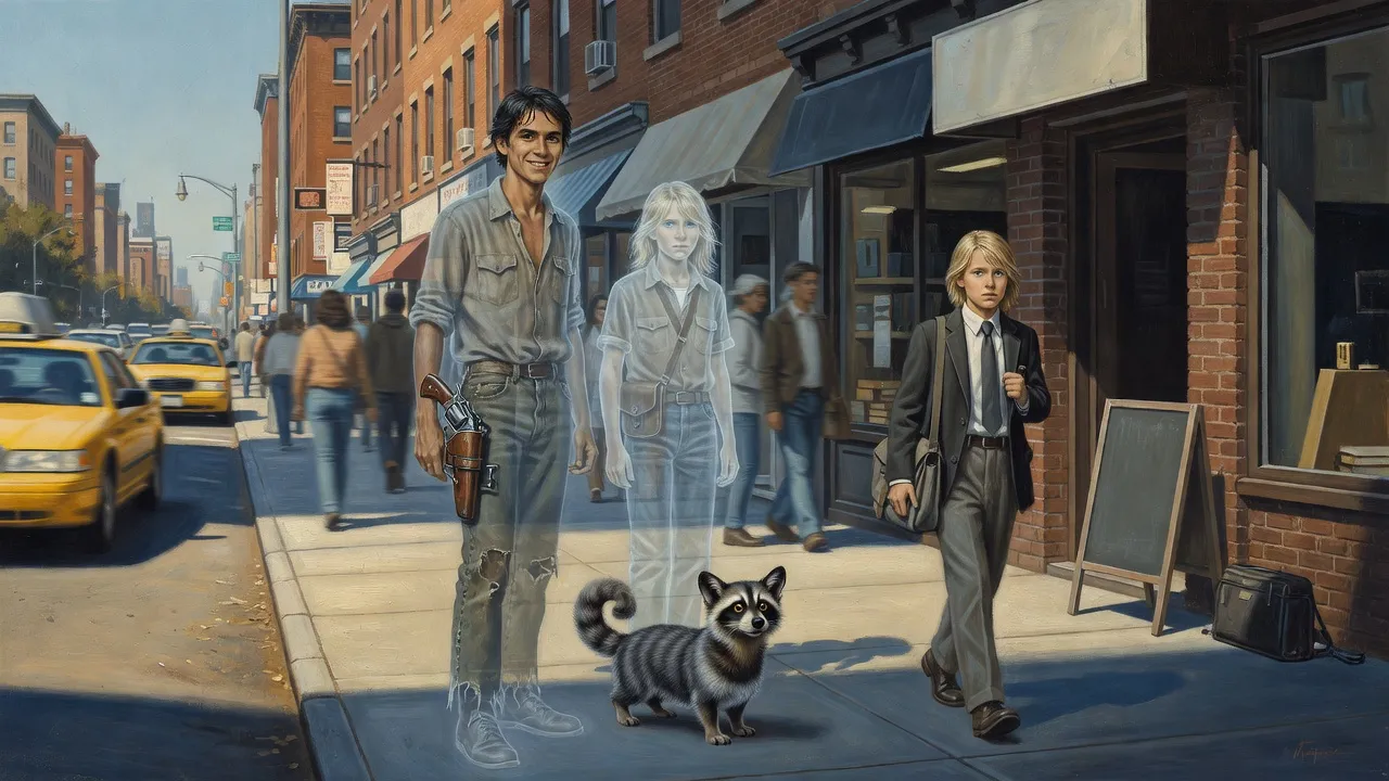 Three translucent figures, a young man, a boy and a small striped animal, stand unseen on a crowded 1977 Manhattan sidewalk watching a solid boy in a school blazer walk toward a bookshop.