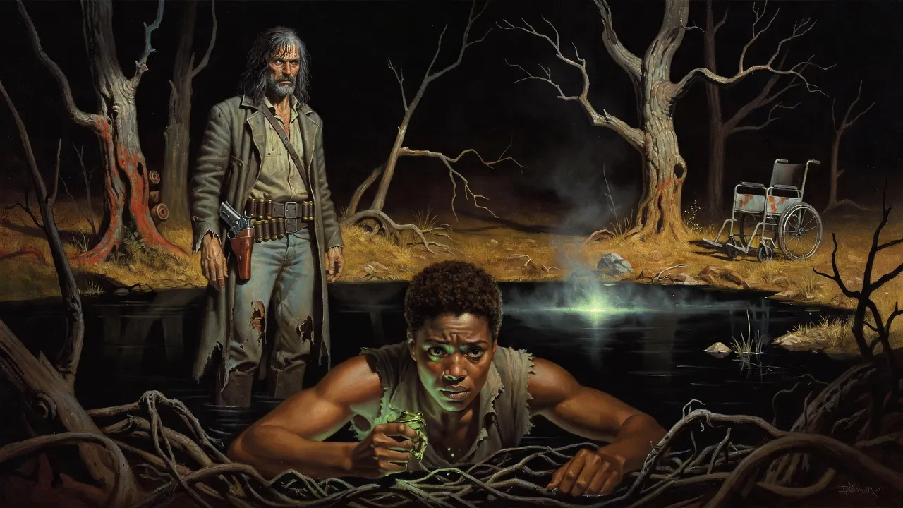 By moonlight a legless woman crouches on her hands at the edge of a black swamp pool with a hard, hungry face, while a tall man in a long coat watches from the dead trees behind her.
