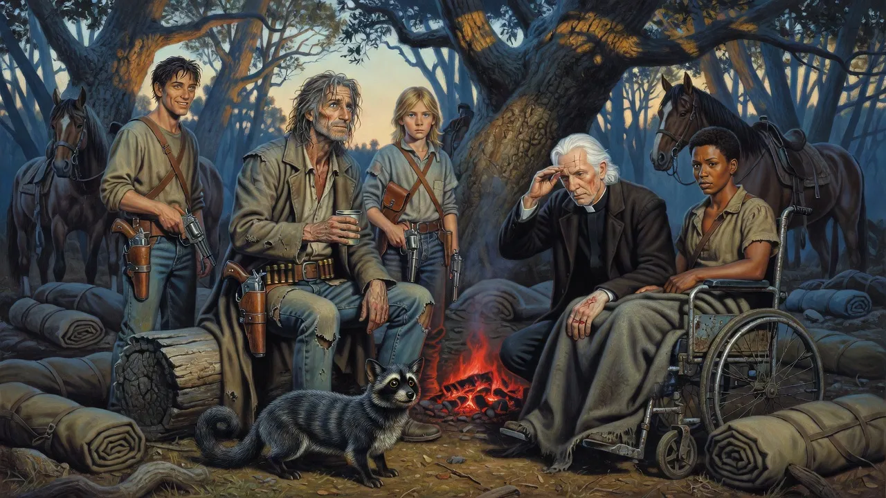 In a forest camp at morning a white-haired priest kneels on one knee before a seated gunslinger while a young man, a boy, a woman in a wheelchair and a small animal look on.
