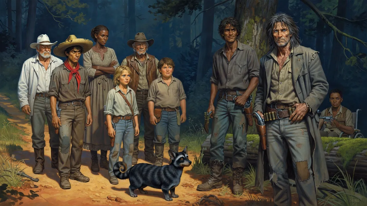 On a shaded forest trail a wary group of farm folk led by a heavy man in a white Stetson faces a gunslinger, a woman in a wheelchair, a young man and a boy with a small animal.