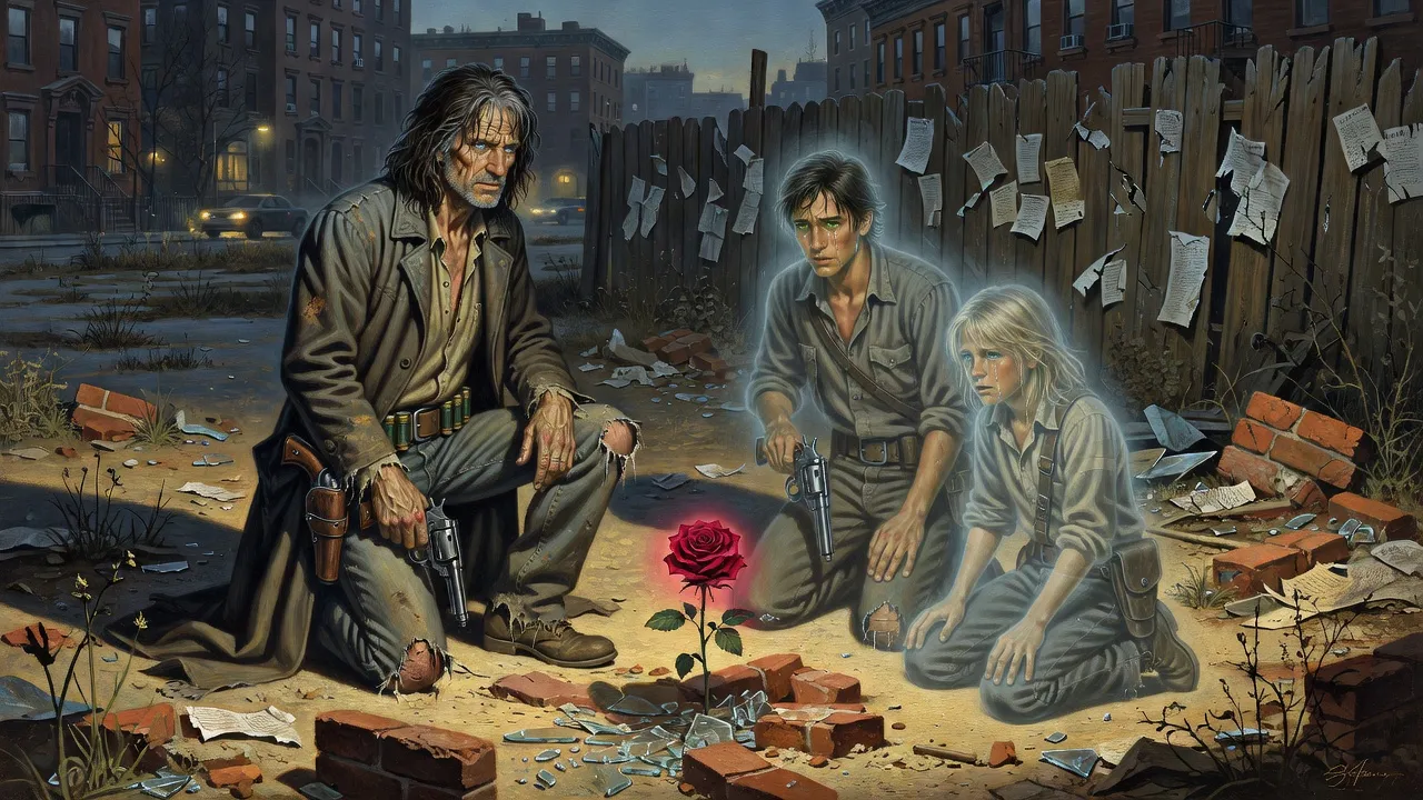 Three translucent figures, a gunslinger, a young man and a boy, kneel in a weed-choked vacant lot around a single glowing red rose, with a board fence covered in torn posters behind them.