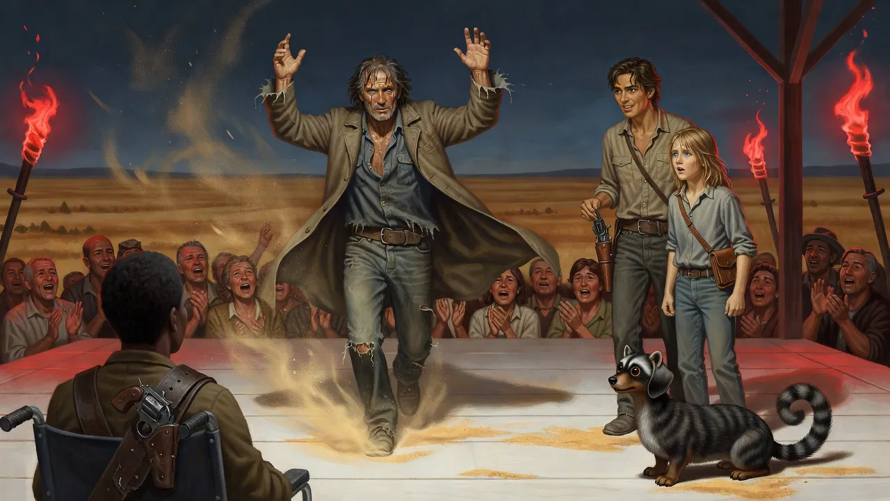 A gaunt gunslinger dances alone on a torchlit stage, boots a blur, while a crowd claps below and a woman in a wheelchair at the stage’s edge holds his gun across her lap.