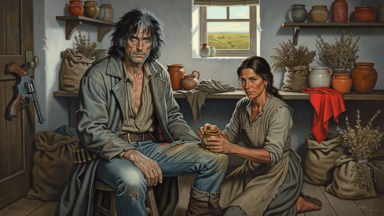 In a small rectory pantry a dark-haired woman kneels to rub oil into the hip of a gaunt, grey-stubbled man seated on a stool, his gunbelt hung on a peg.