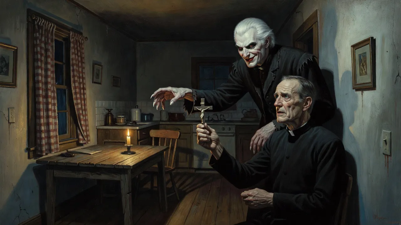 In a dark kitchen lit by one candle a tall pale vampire reaches for the fading crucifix held up by a cornered priest.