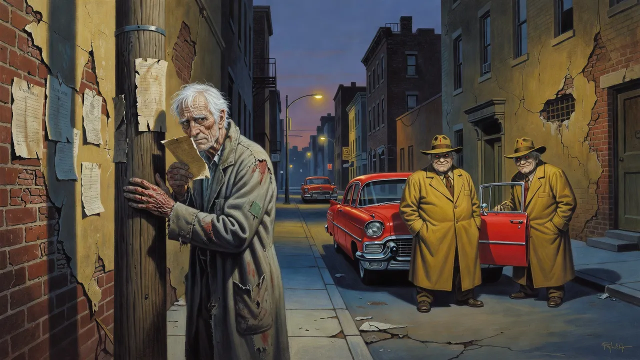 At dusk a haggard white-haired man studies a telephone pole thick with blank posters on a New York side street while two men in long yellow coats watch from beside a red-and-white Cadillac.