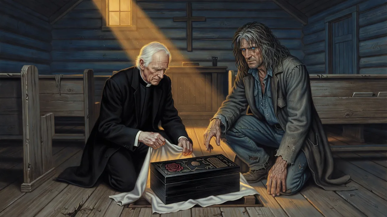In a dim log church a priest kneels by a lifted floorboard beneath the altar and folds back linen from a carved black box while a gunslinger crouches beside him.