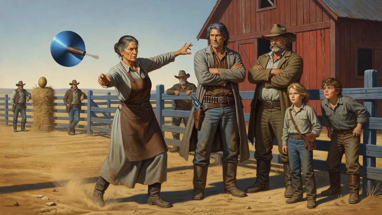 In a ranch yard a stern middle-aged woman has just thrown a blue plate that streaks toward a straw dummy with a potato on its shoulder, while a gunslinger and a rancher watch.