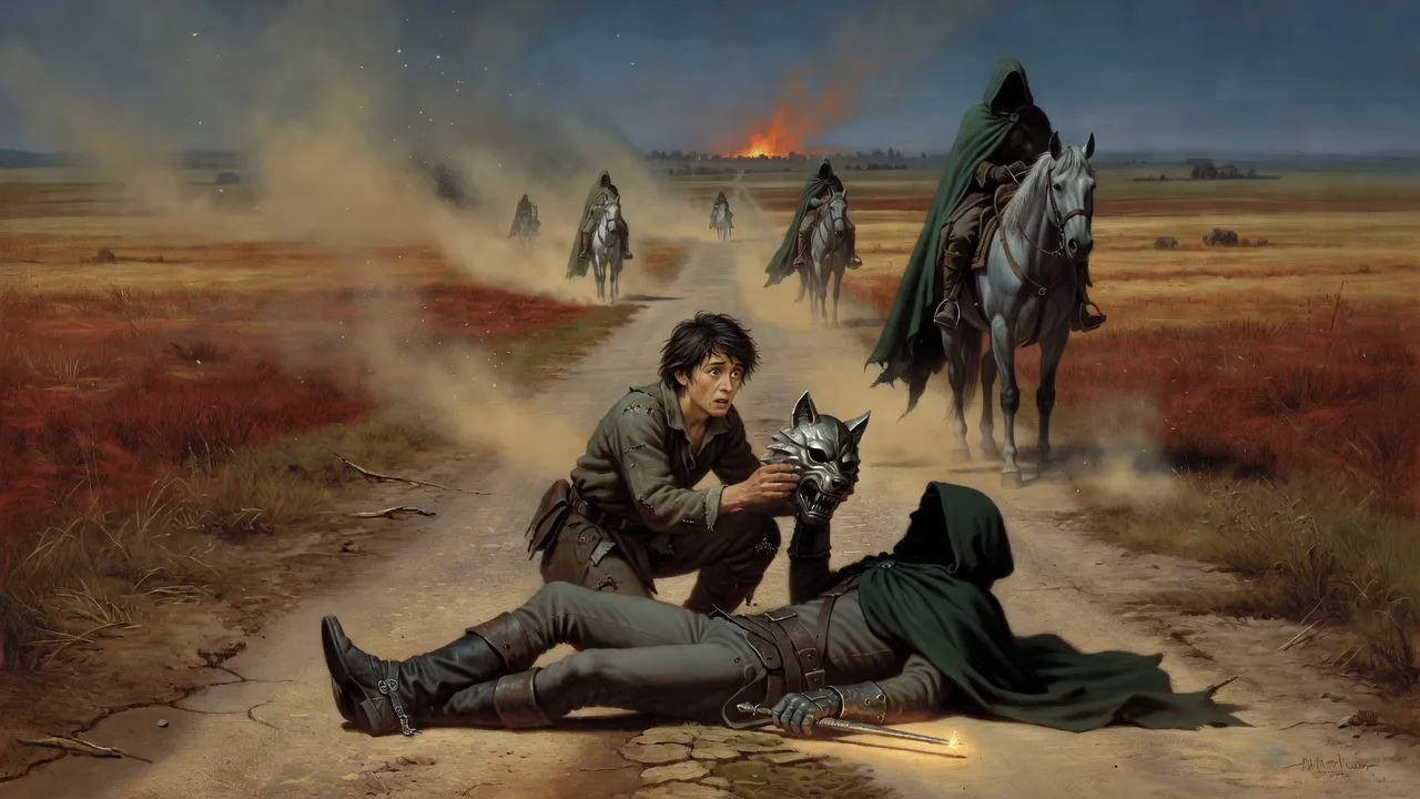 In a smoky memory a farm boy kneels in a country road beside a fallen green-cloaked rider and lifts away its steel wolf mask, the head beneath lost in shadow.