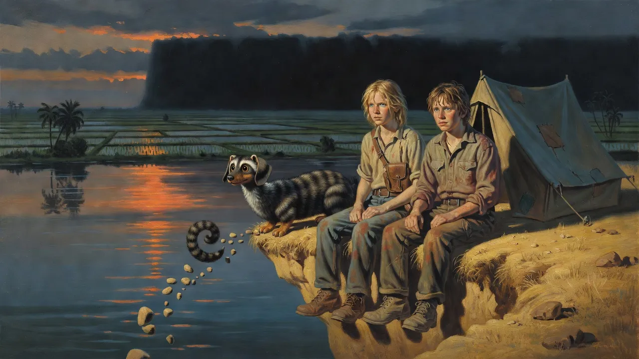 Two boys sit side by side on a bluff above a wide river at evening with a small striped animal between them, a canvas tent behind and a wall of darkness on the far horizon.