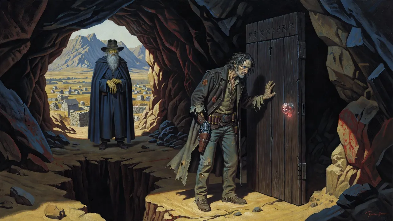 In a high cave mouth a gunslinger presses his palm to a tall freestanding door with a crystal knob, an old bearded man in a dark cloak behind him and a black chasm beyond.