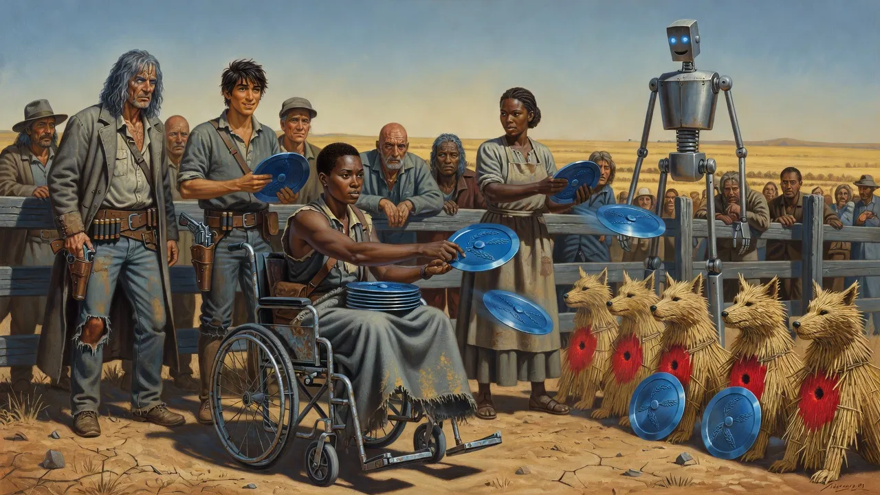 A woman in a wheelchair hurls blue plates two-handed at a row of wolf-shaped straw targets before a fence lined with farm folk and a tall robot.