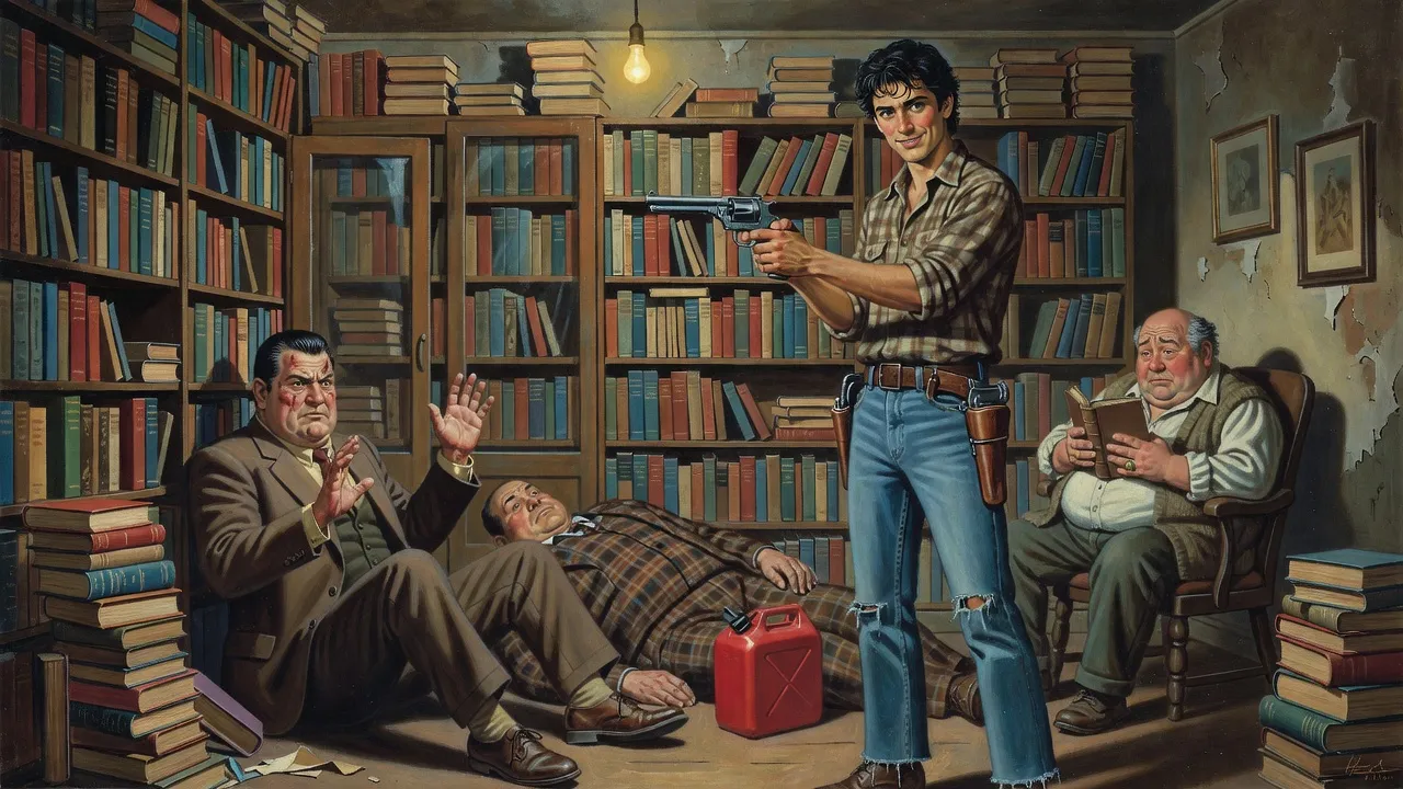 In the cluttered back room of a used bookshop a lanky young man levels a big revolver at a heavy-browed hoodlum on the floor while a round, frightened bookseller clutches a book in an office chair.