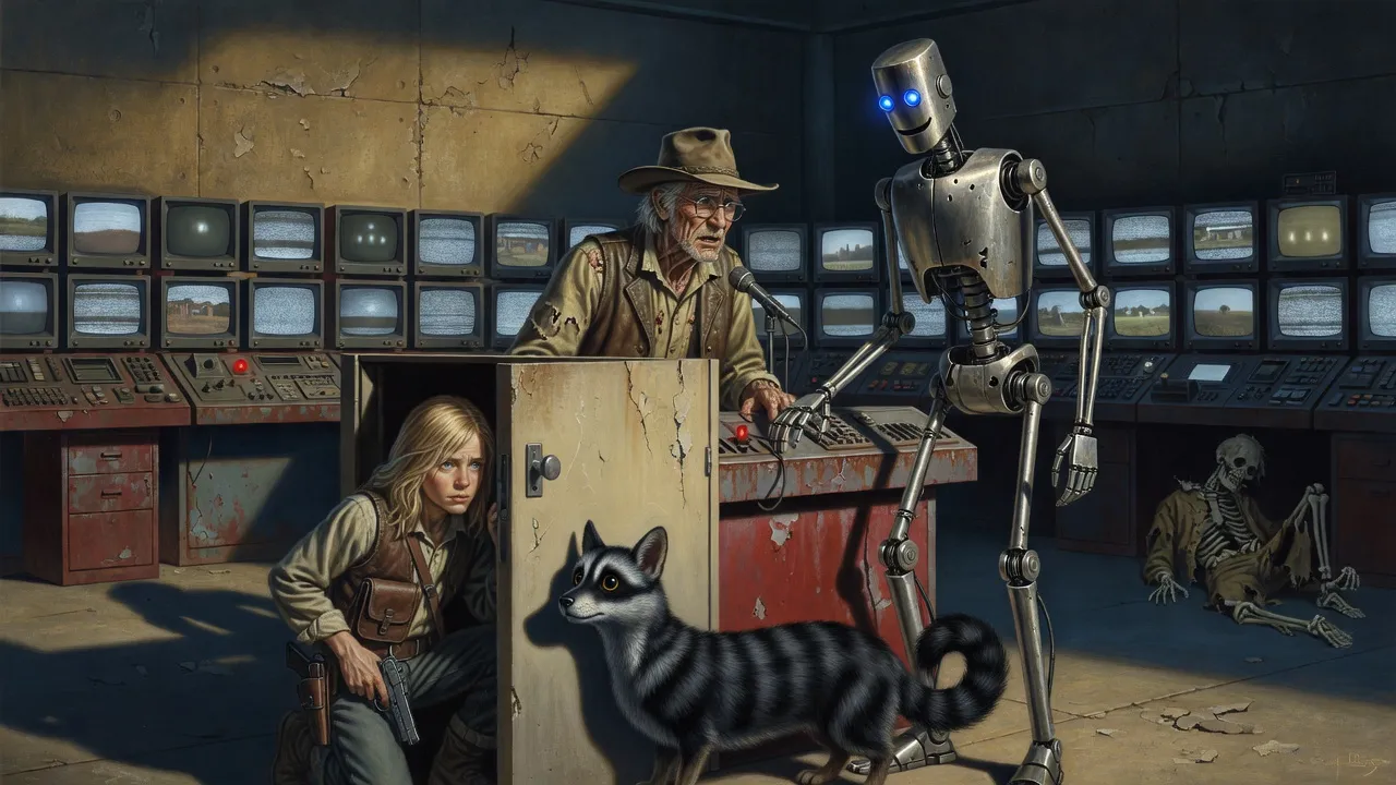 In a dead control room lit by a wall of flickering monitors a man in spectacles speaks into a microphone beside a tall robot, while a boy and a small animal watch from a closet door open a crack.