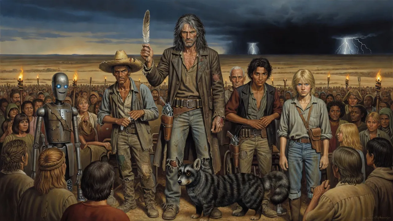 Under a darkening sky lit by distant lightning a gunslinger holds up a feather on a stage before an entire town, a tall robot standing head and shoulders above the crowd at the back.