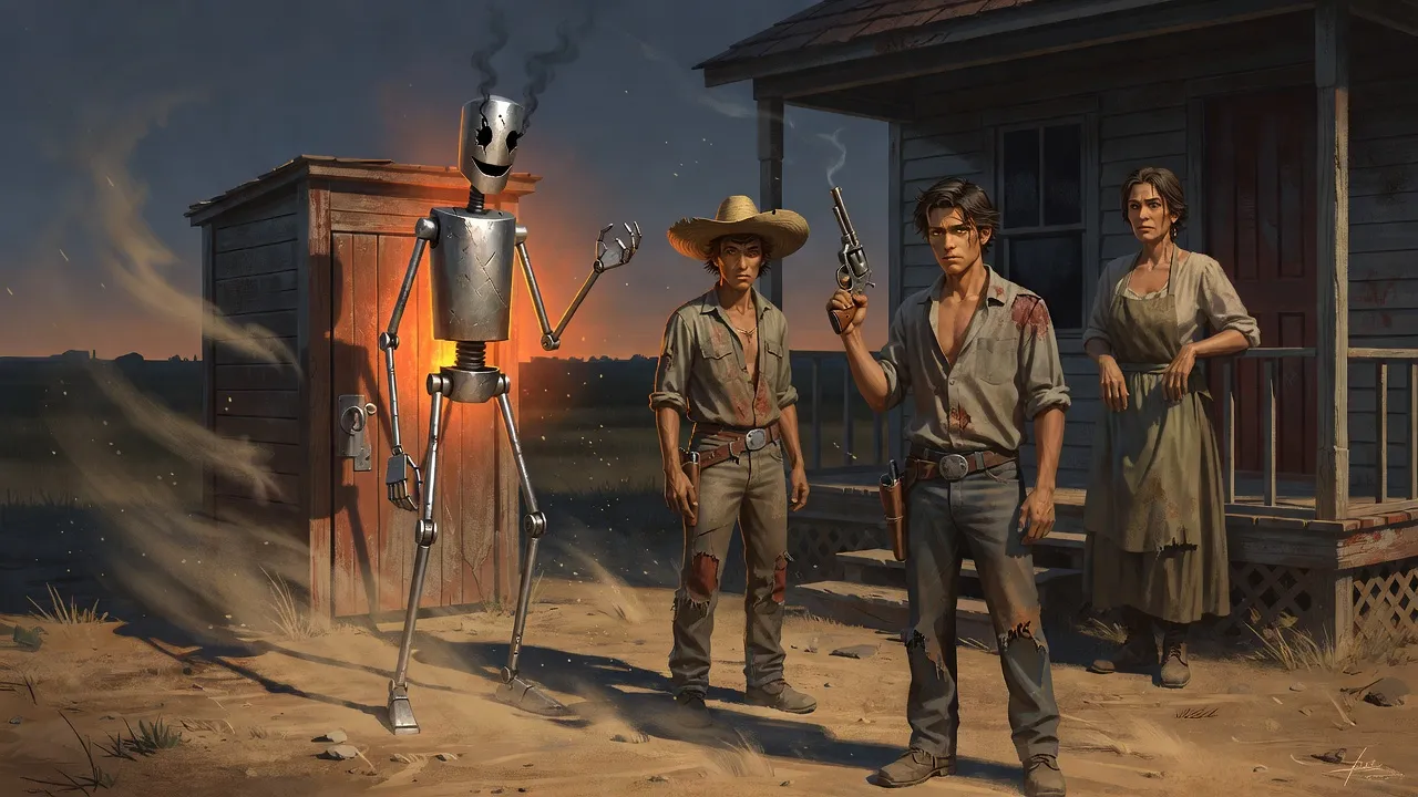 In the early evening a tall robot stands rigid with both eyes dark and smoking beside a wooden privy, while a young man a few paces off lowers a big revolver and a farmer watches empty-handed.