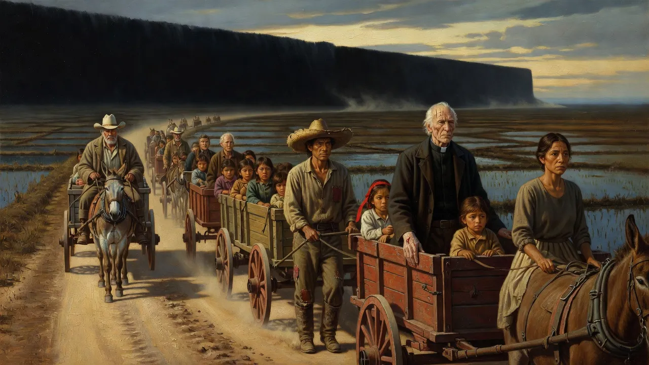 At pale dawn a line of farm wagons crowded with children rolls east along a dusty road between rice paddies toward a wall of darkness on the horizon.