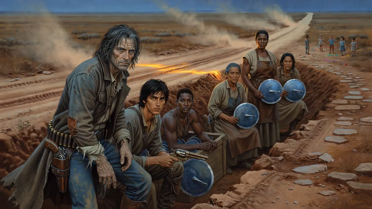 Seen along its length, a roadside ditch in early light holds a gunslinger and a young man with guns, a legless woman with a stack of blue plates and three farm women each holding a plate, all keeping their heads below the road.