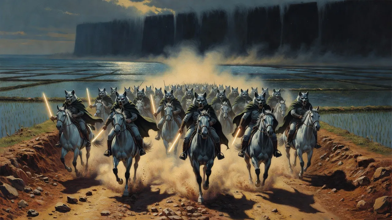 A mass of hooded green-cloaked riders in snarling steel wolf masks pours toward the viewer on grey horses out of a rolling dust cloud, glowing rods raised in their fists.