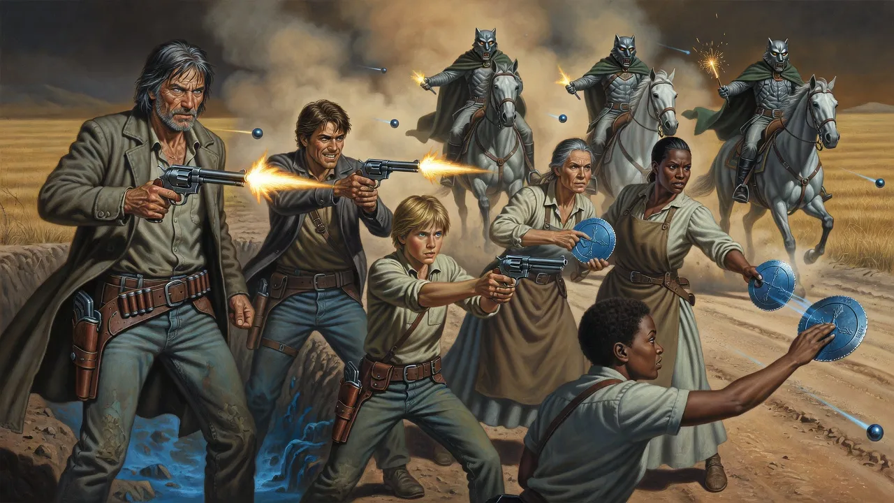 Gunfire and blue plates erupt from a roadside ditch as masked riders rear on grey horses, glowing rods blazing and small humming metal balls streaking toward the defenders.