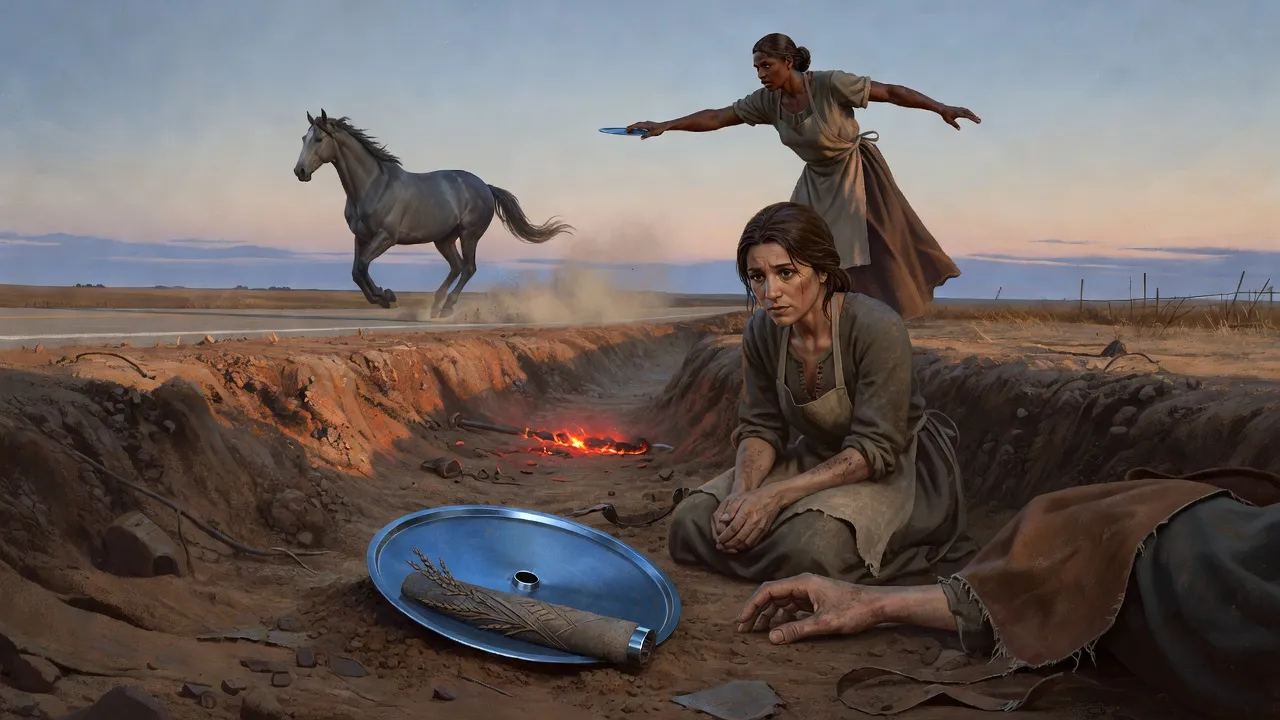 On the floor of the ditch a blue plate lies in the dust beside an outflung hand, while one woman kneels with her face turned away and another throws above her.