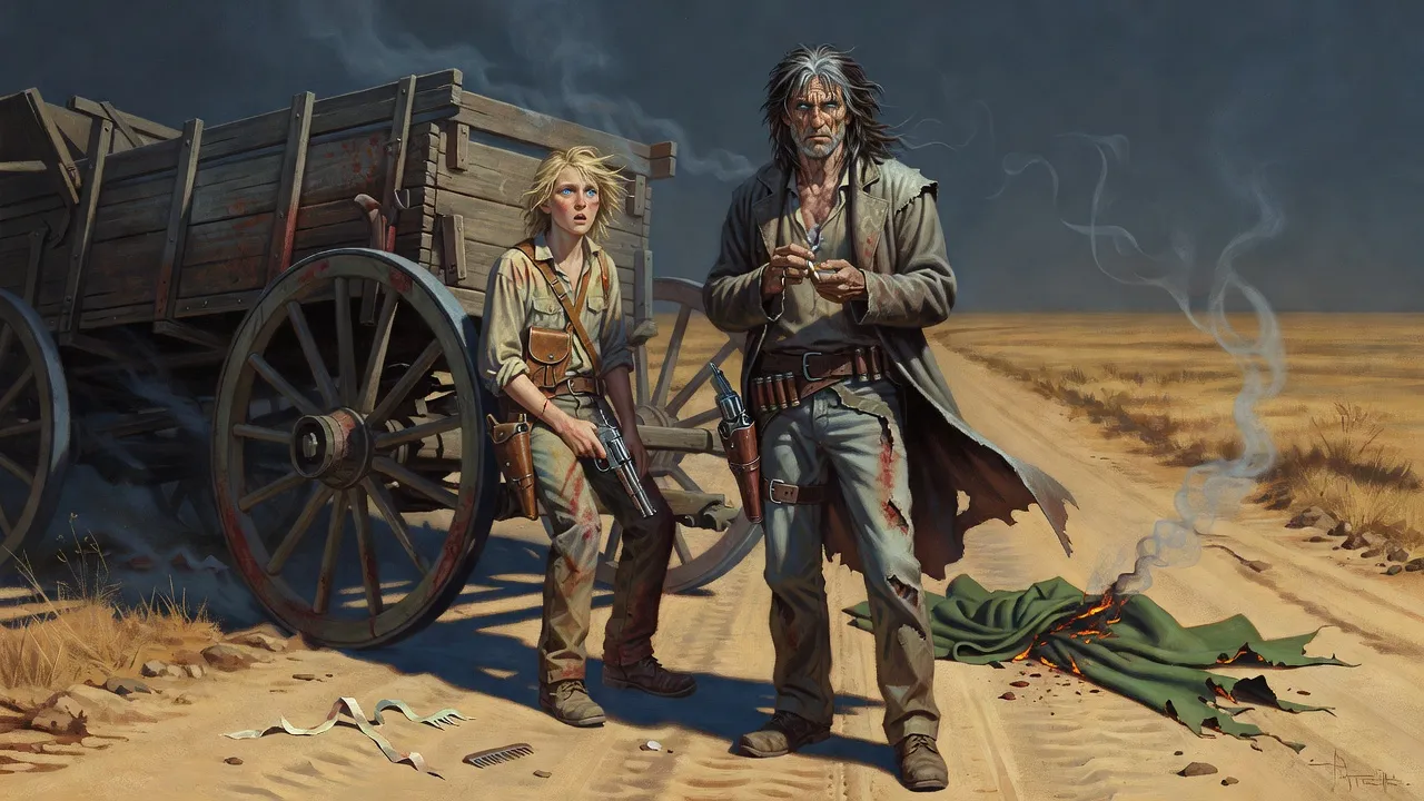 A boy sits on the wheel of an overturned wagon by a dusty road, a pistol in his lap and his face blank with shock, while a gaunt man beside him rolls a cigarette.