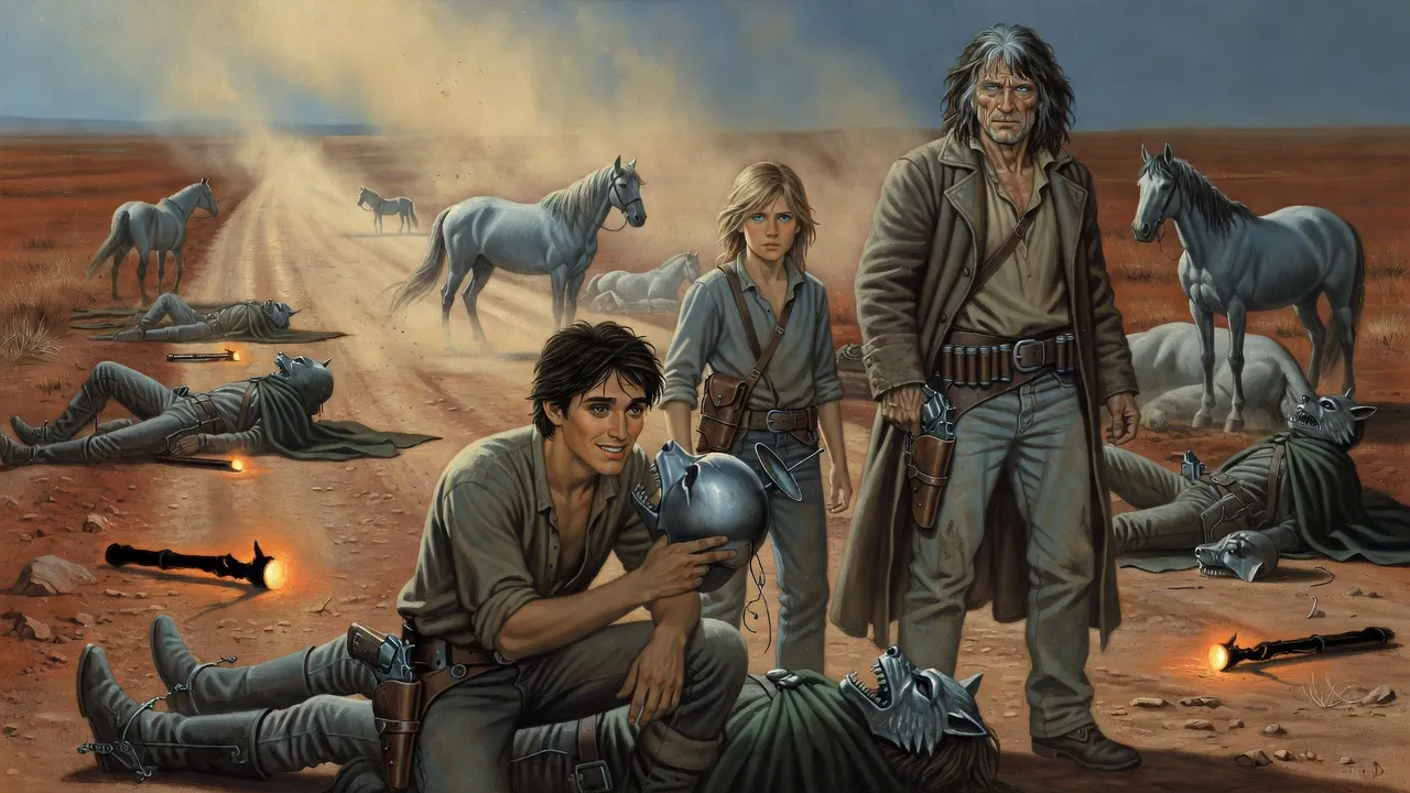 On a road littered with fallen green-cloaked riders and loose grey horses, a young man crouches over one and lifts its steel wolf mask away to show a smooth metal head beneath.