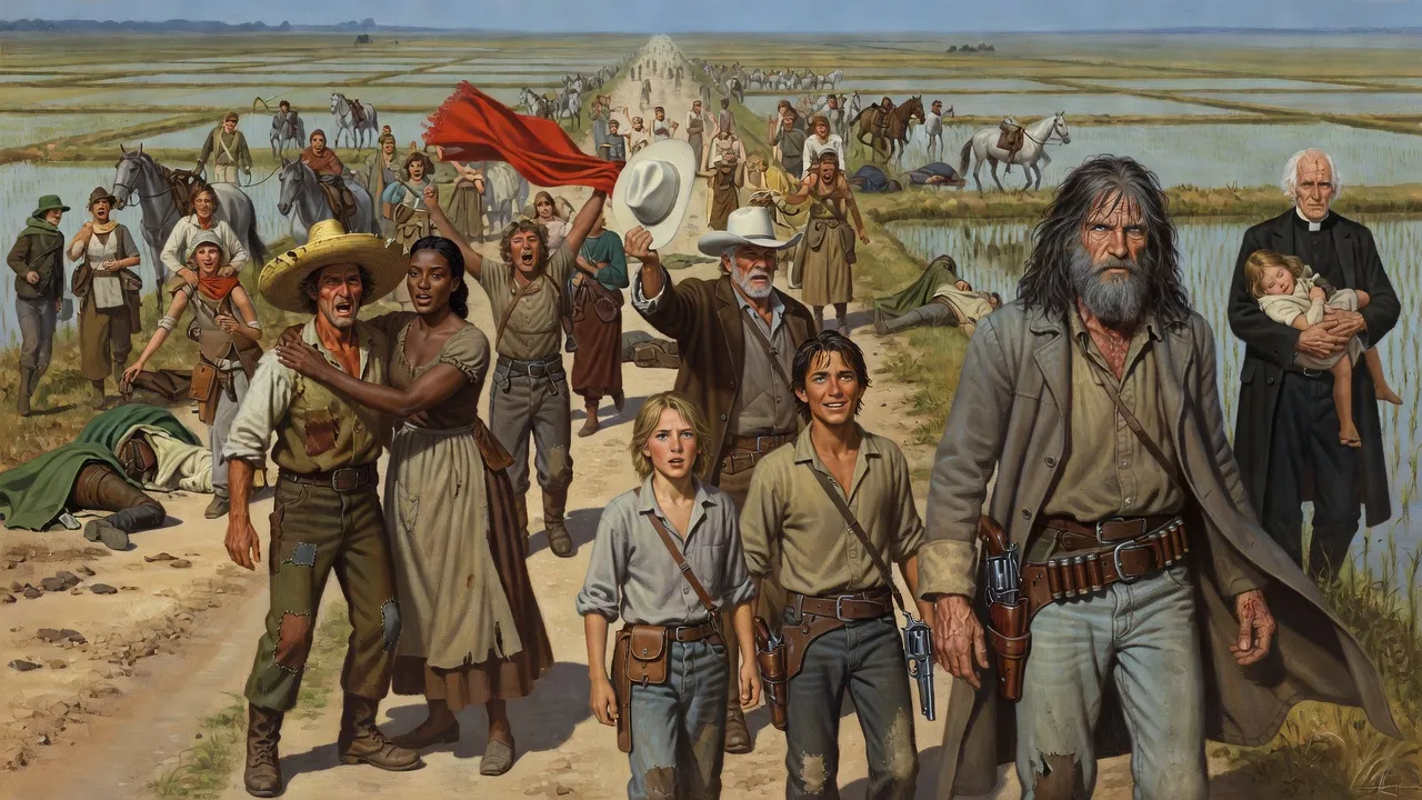 Hundreds of farm folk pour up a dusty road from the rice fields, singing and dancing among fallen riders and loose grey horses, while a gunslinger, a young man and a boy stand a little apart.