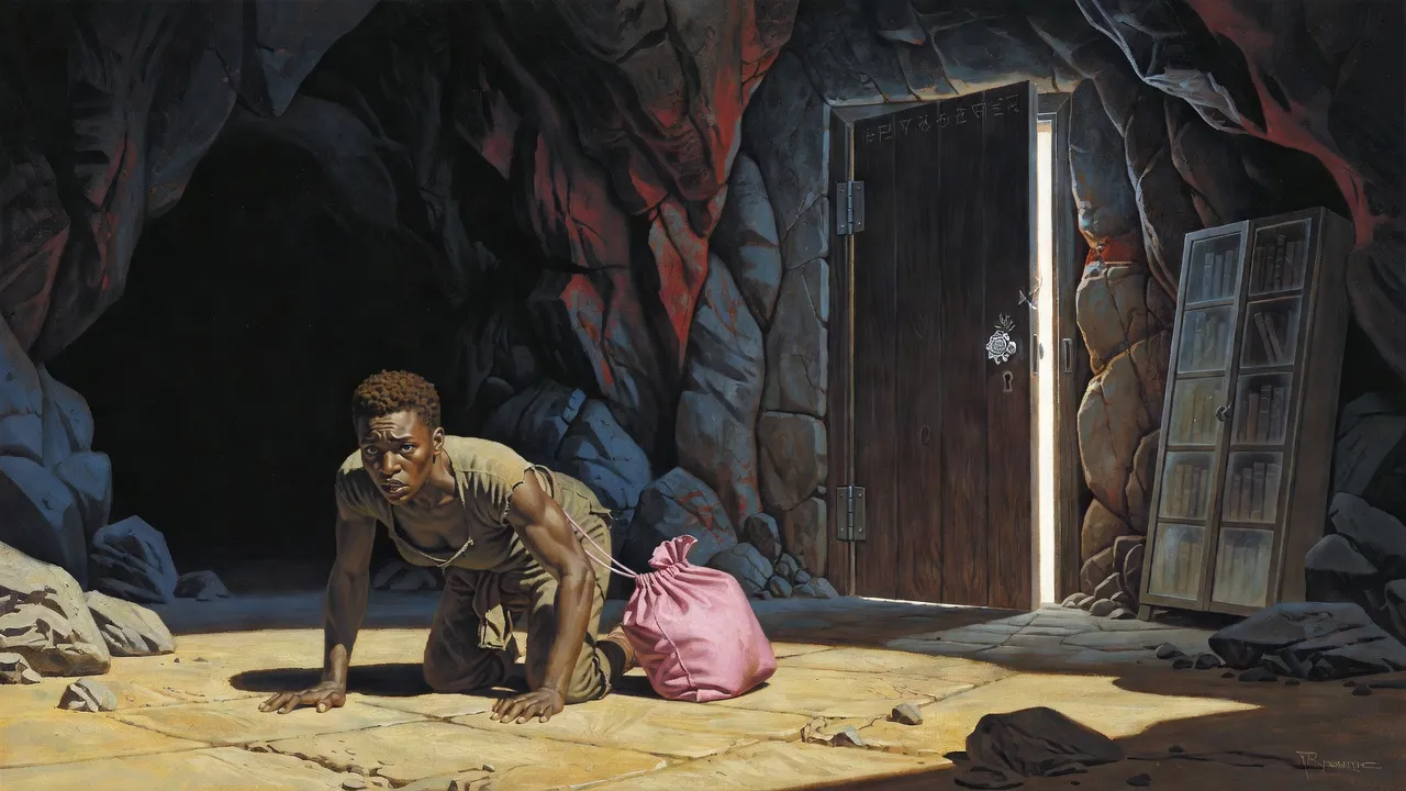 A legless woman with a hard hungry face drags a pink bowling bag across a cave floor toward a tall freestanding door that stands open a crack on a blaze of white light.