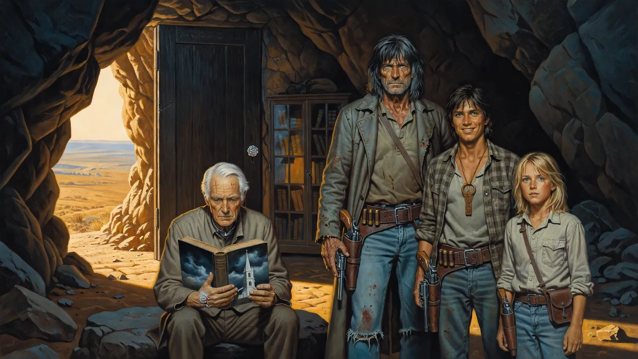 In a cave mouth lit from outside a white-haired priest sits on a rock staring at an open book with a church on its cover, while a gunslinger, a young man and a boy stand around him.
