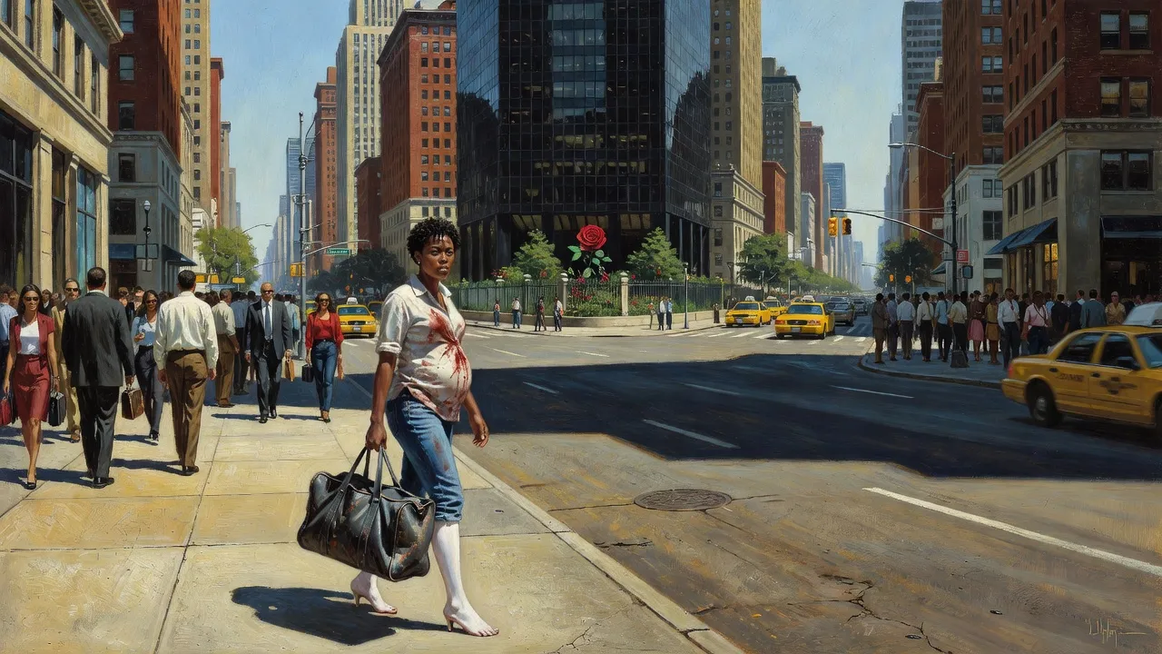A wide view down Second Avenue in 1999 toward a black glass tower with a small garden at its foot, a lone woman walking away along the sidewalk.