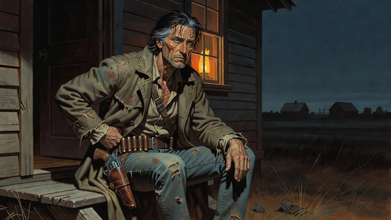 Roland sits on a dark back step at night with one hand pressed to his hip.
