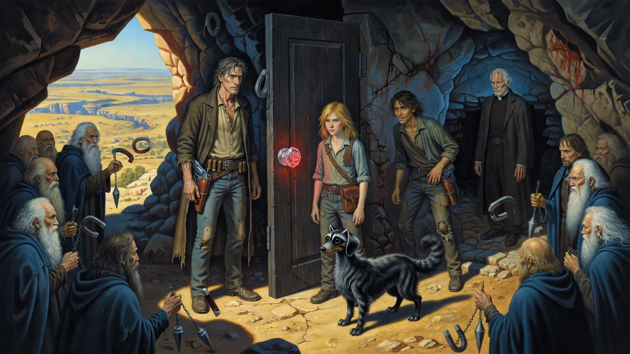 Inside a cave mouth, a boy and a bumbler stand before a lone freestanding door while robed men hold swinging plumb-bobs around it.