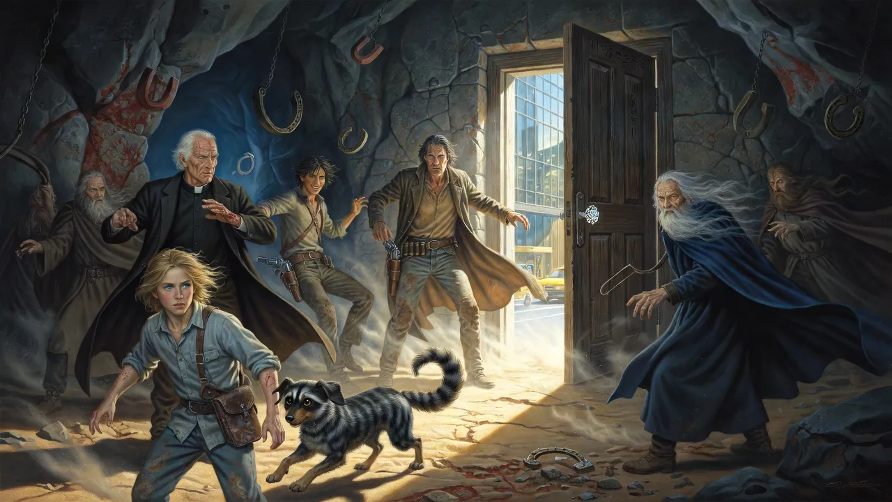 The freestanding door stands open on a blaze of city daylight as a boy, a bumbler and a priest are pulled into it and a young man is flung backward.