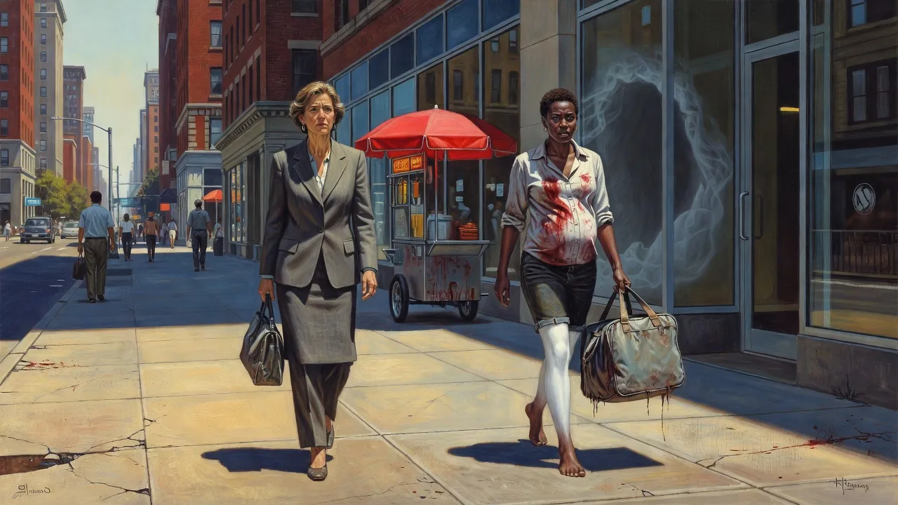 On a bright Manhattan sidewalk a businesswoman stares at a small barefoot woman who has just appeared with the ghost of a cave mouth behind her.