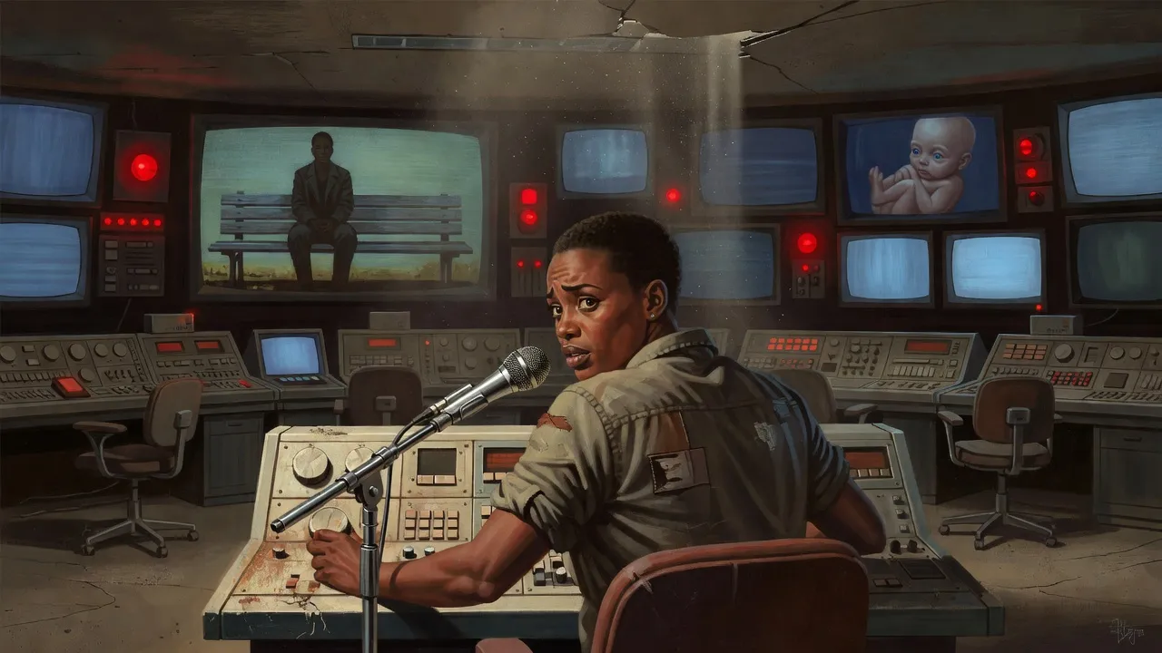A legless woman sits at a dusty control console in a dim room of blinking lights and monitors, leaning toward a microphone.