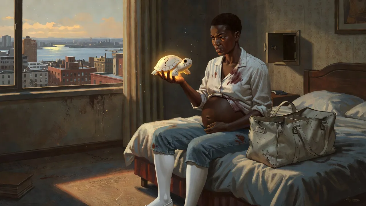 A pregnant woman sits on a hotel bed holding a tiny ivory turtle up to the afternoon light from the window.