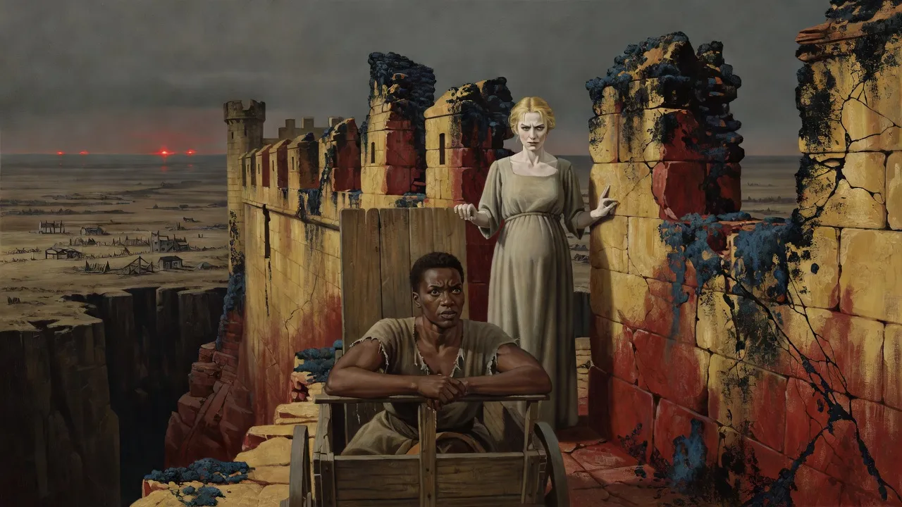 On a ruined castle wall-walk a tall white woman stands over a legless Black woman in a crude cart while a red light pulses on a dead horizon.
