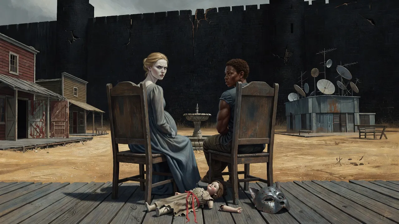 Two women sit on chairs on the boardwalk of a deserted Western town beneath a towering black castle wall, a broken doll and a steel wolf mask in the dust.