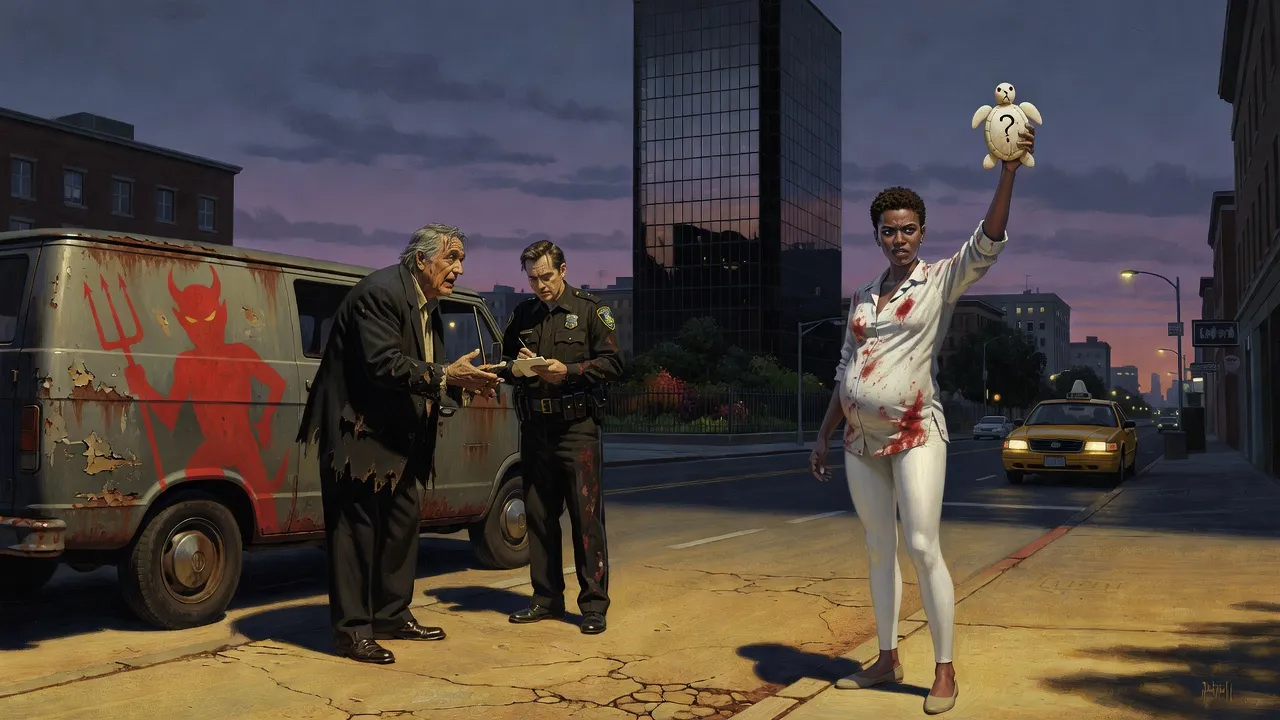 At dusk on Second Avenue a woman hails a taxi while a policeman tickets a street preacher beside a van painted with a red devil.