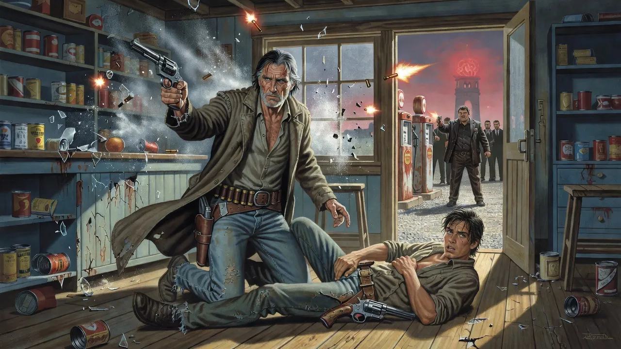 Two men sprawl on the plank floor of a country store as bullets burst the shelves and gunmen fire from the gravel lot outside.