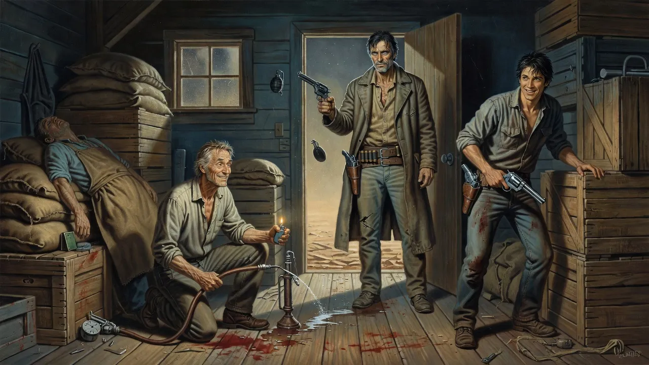 In a cramped storeroom an older man kneels pumping fuel across the floor while a gunslinger in the doorway aims at the sky.