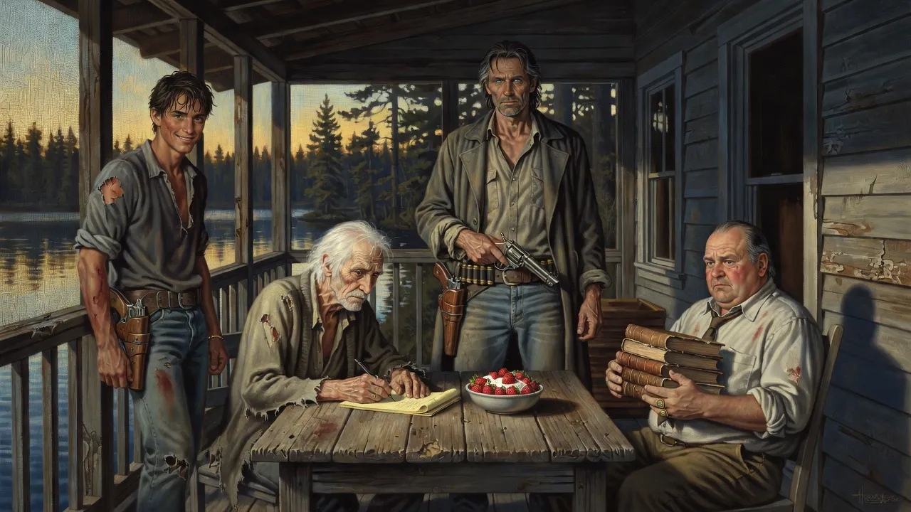 On a cabin porch an old man writes on a legal pad beside a bowl of strawberries while a fat bookseller clutches his books and two gunslingers stand over him.